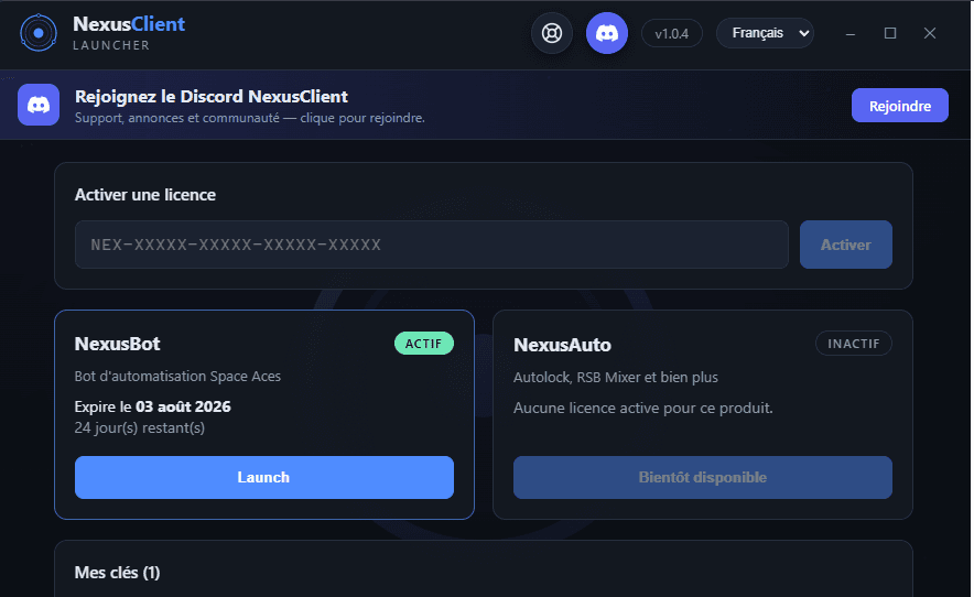 NexusClient launcher: license activation, installed products and one-click launch