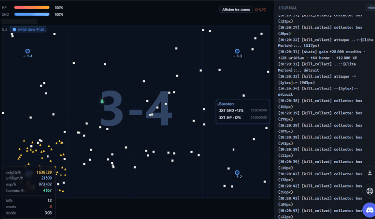 NexusBot dashboard: map, kill log and live farming statistics