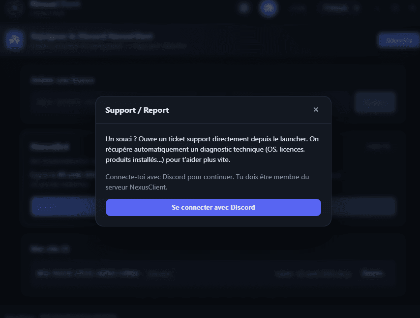 Launcher Support / Report window: opening a ticket connected to Discord with automatic diagnostic